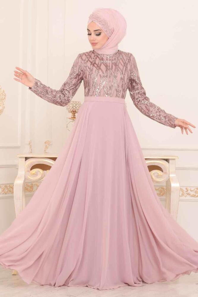 Rose Poudré - Tesettürlü Abiye Elbise - Robe de Soirée Hijab - 8708PD - 1