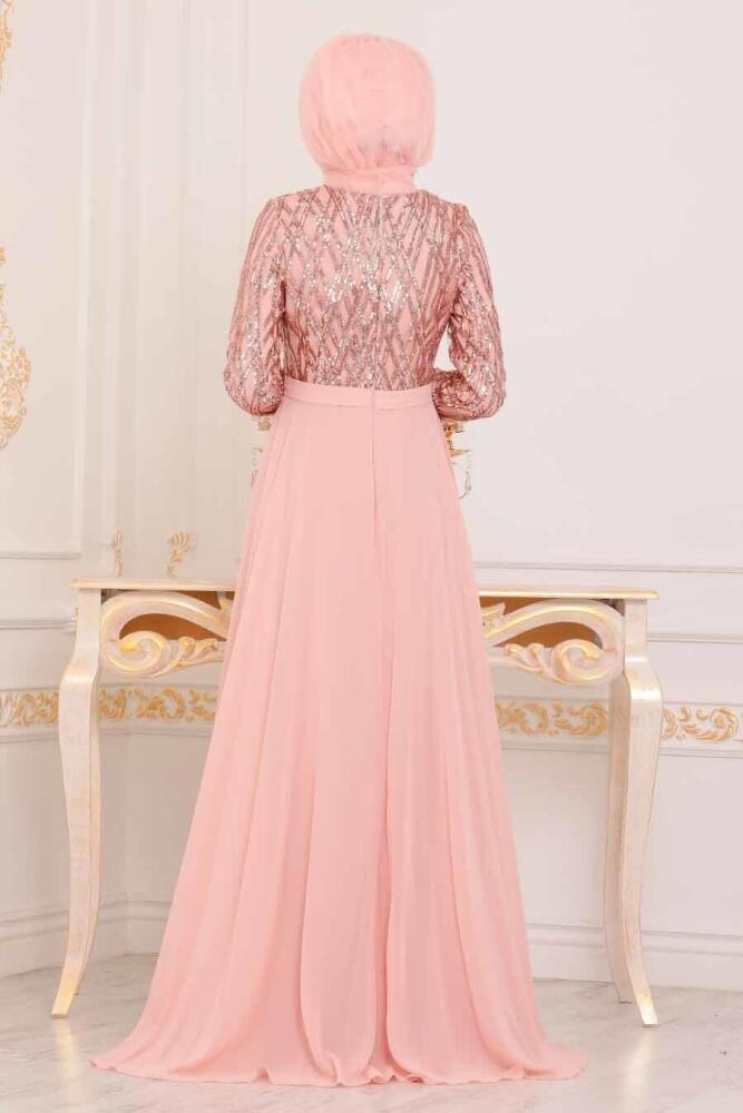 Rose Poudré - Tesettürlü Abiye Elbise - Robe de Soirée Hijab - 8708PD - 2