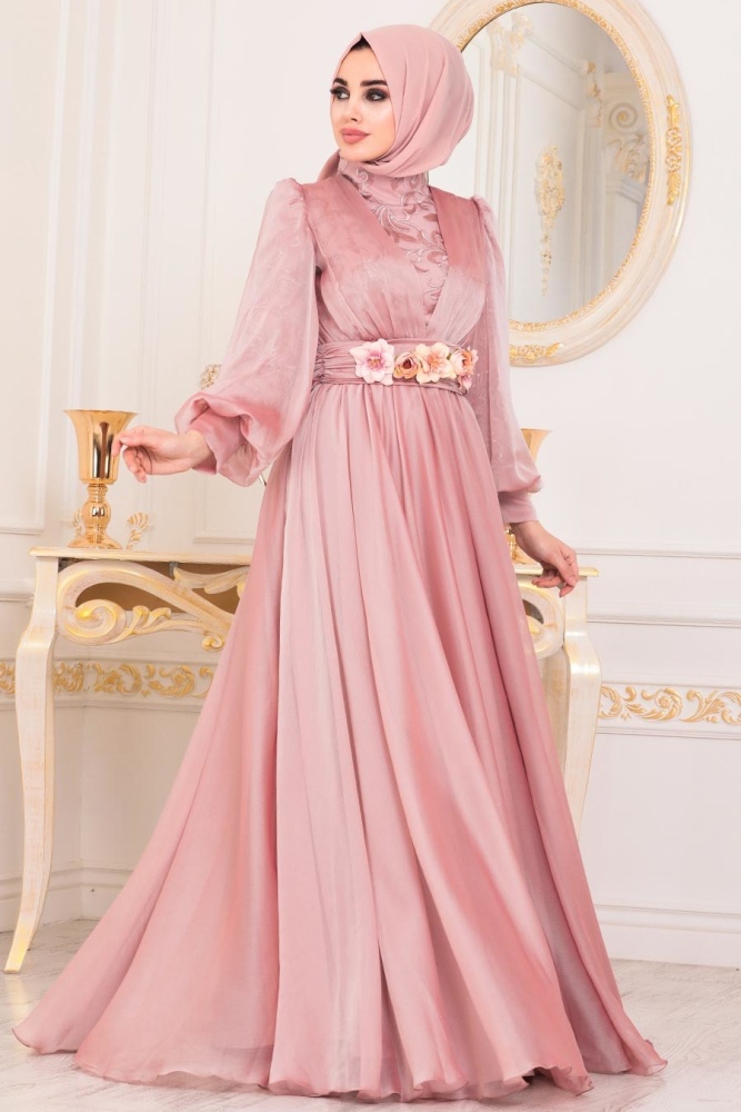 Rose Poudré-Tesettürlü Abiye Elbise-Robes de Soirée-41180PD - 2