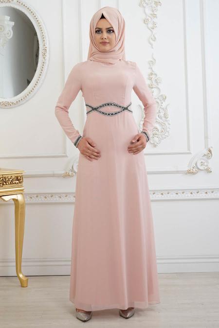 Rose Poudré - Tesettürlü Abiye Elbise - Robes de Soirée 8094PD - 2