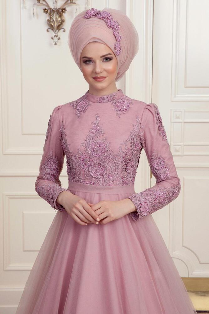Rose Poudré - Tesettürlü Abiye Elbise - Robes de Soirée Hijab 190901PD - 2