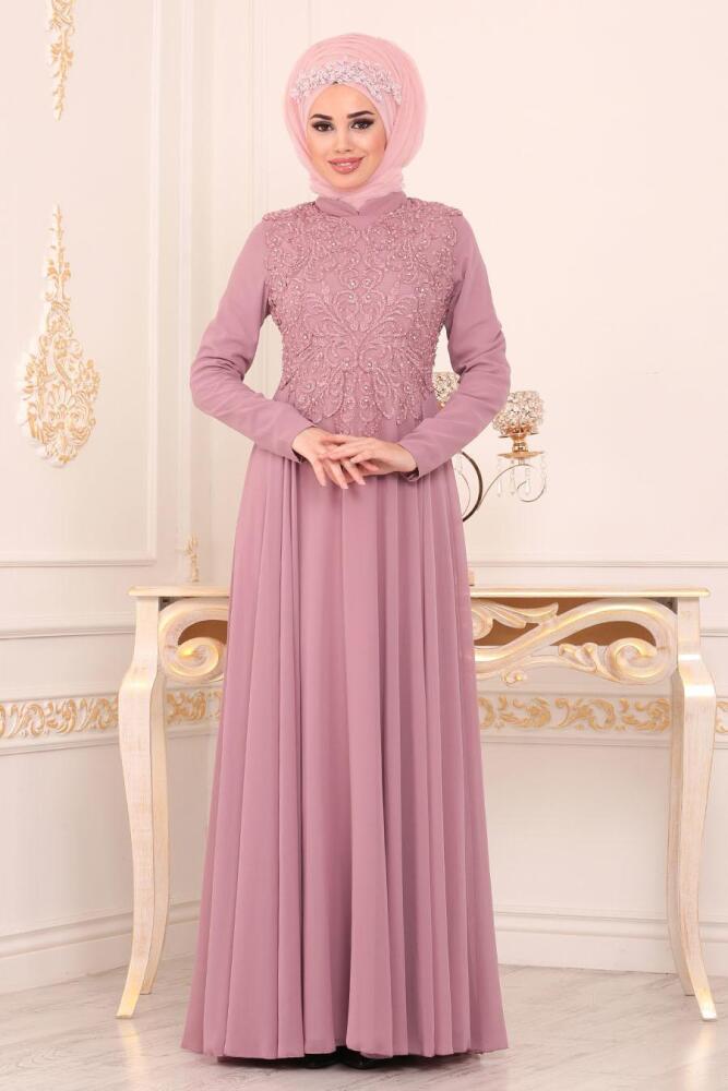 Rose Poudré- Tesettürlü Abiye Elbise - Robes de Soirée Hijab 8566PD					 - 1