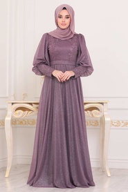 Rose Poussiéreuse Foncé - Tesettürlü Abiye Elbise - Robe de Soirée Hijab - 21521KGK - Thumbnail