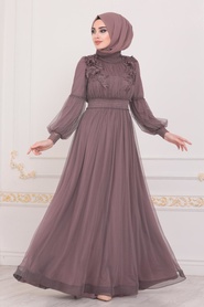 Rose Poussiéreuse Foncé - Tesettürlü Abiye Elbise - Robe de Soirée Hijab - 40275KGK - Thumbnail