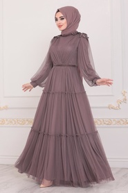 Rose Poussiéreuse Foncé - Tesettürlü Abiye Elbise - Robe de Soirée Hijab - 4072KGK - Thumbnail