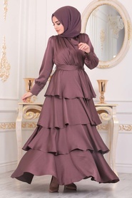 Rose Poussiéreuse Foncé- Tesettürlü Abiye Elbise - Robes de Soirée Hijab - 22701KGK - Thumbnail