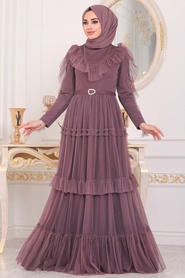 Rose Poussiéreuse Foncé- Tesettürlü Abiye Elbise - Robes de Soirée Hijab - 4097KGK - Thumbnail