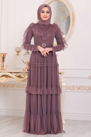 Rose Poussiéreuse Foncé- Tesettürlü Abiye Elbise - Robes de Soirée Hijab - 4097KGK - Thumbnail