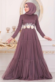 Rose Poussiéreuse Foncé- Tesettürlü Abiye Elbise - Robes de Soirée Hijab - 4102KGK - Thumbnail
