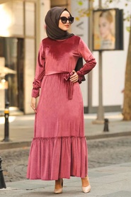 Rose Poussiéreuse - Neva Style - Robe En Velours Hijab - 50530GK - Thumbnail