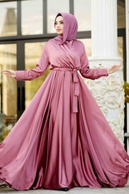 Rose Poussiéreuse - Tesettürlü Abiye Elbise - Robe de Soirée Hijab - 1418GK - Thumbnail