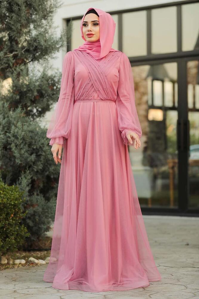 Rose Poussiéreuse - Tesettürlü Abiye Elbise - Robe de Soirée Hijab - 2140GK - 1