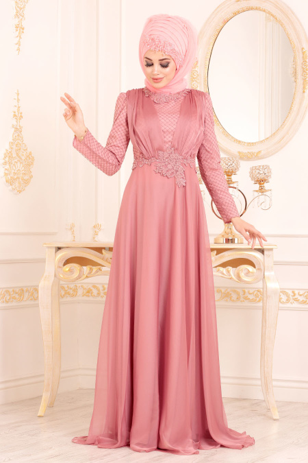 Rose Poussiéreuse-Tesettürlü Abiye Elbise - Robe de Soirée Hijab 37390GK