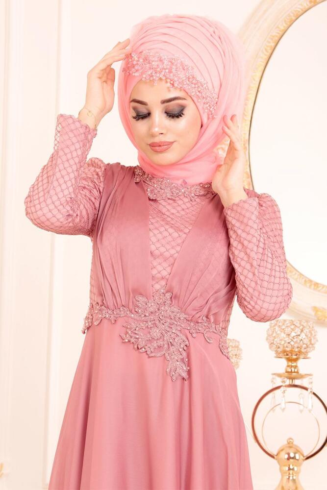 Rose Poussiéreuse-Tesettürlü Abiye Elbise - Robe de Soirée Hijab 37390GK - 2