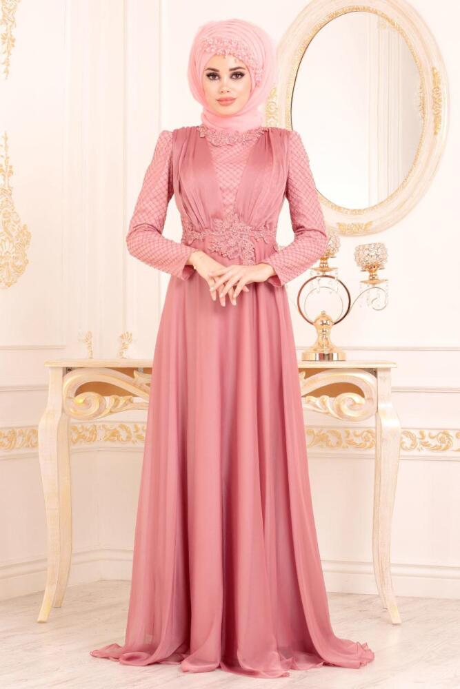 Rose Poussiéreuse-Tesettürlü Abiye Elbise - Robe de Soirée Hijab 37390GK - 3