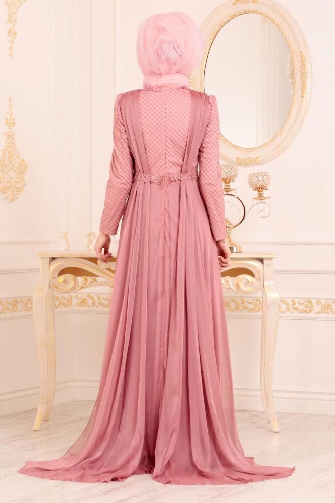 Rose Poussiéreuse-Tesettürlü Abiye Elbise - Robe de Soirée Hijab 37390GK - 4