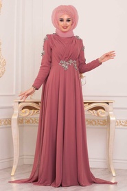 Rose Poussiéreuse - Tesettürlü Abiye Elbise - Robe de Soirée Hijab - 3937GK - Thumbnail