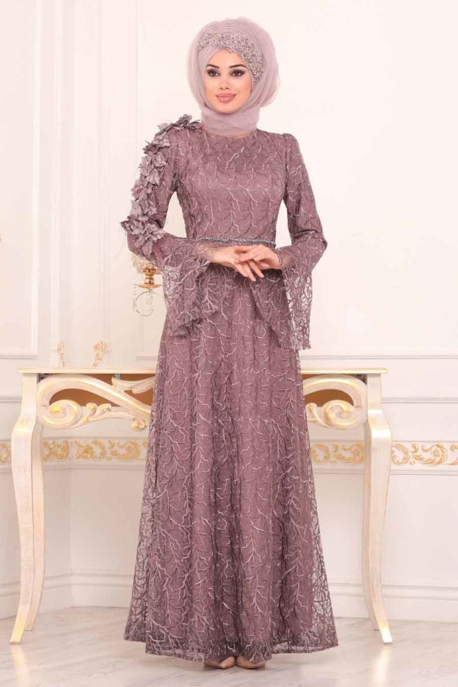 Rose Poussiéreuse - Tesettürlü Abiye Elbise - Robe de Soirée Hijab -3938GK - 1