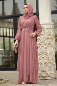 Rose Poussiéreuse - Tesettürlü Abiye Elbise - Robe de Soirée Hijab - 39480GK - Thumbnail