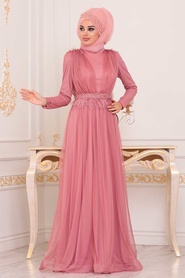 Rose Poussiéreuse - Tesettürlü Abiye Elbise - Robe de Soirée Hijab - 3965GK - Thumbnail