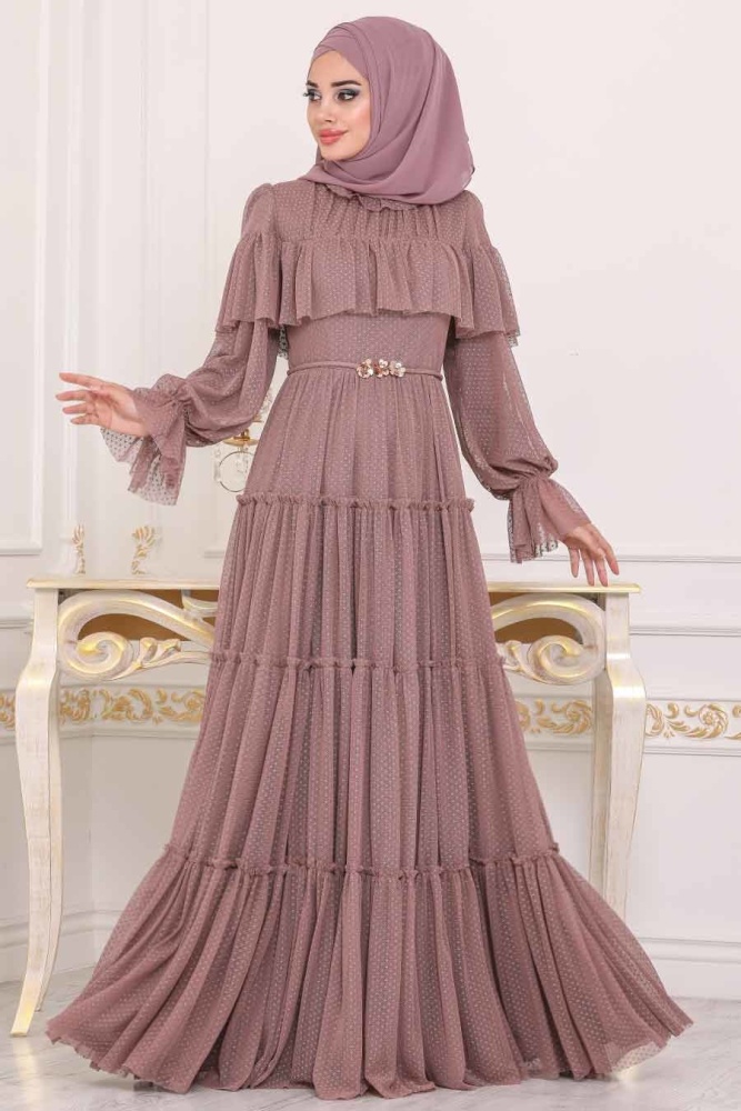 Rose Poussiéreuse - Tesettürlü Abiye Elbise - Robe de Soirée Hijab - 3975GK - 1