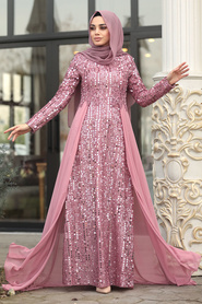 Rose Poussiéreuse - Tesettürlü Abiye Elbise - Robe de Soirée Hijab - 8715GK - Thumbnail