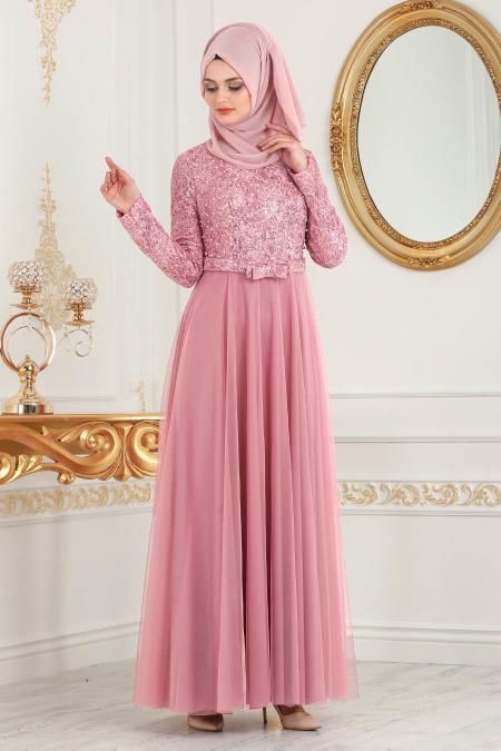 Rose Poussiéreuse- Tesettürlü Abiye Elbise - Robes de Soirée 7829GK - 2
