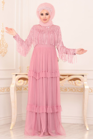 Rose Poussiéreuse- Tesettürlü Abiye Elbise - Robes de Soirée Hijab 8593GK - Thumbnail
