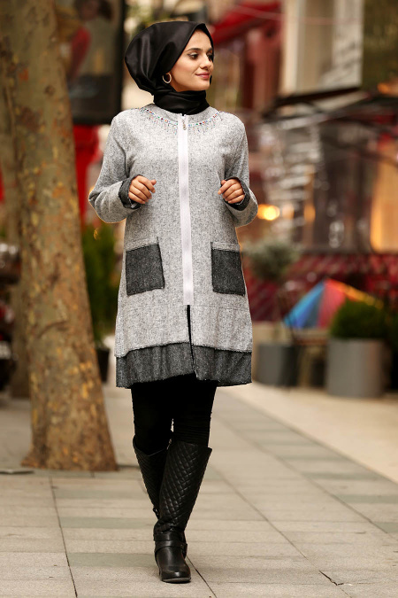 Gris - Nayla Collection Manteau Hijab 40039GR