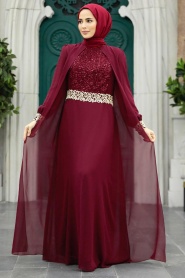 Rouge Bordeaux - Nayla Collection - Robe de Soirée Hijab 25700BR - Thumbnail