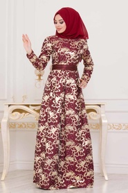 Rouge Bordeaux-Nayla Collection - Robe de Soirée Hijab 82458BR - Thumbnail