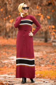 Rouge Bordeaux - Nayla Collection - Robe En Tricot Hijab 15583BR - Thumbnail