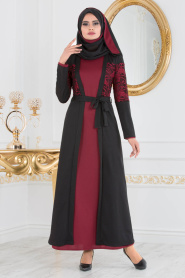 Rouge Bordeaux - Nayla Collection - Tripler Abaya Décontracté 100299BR - Thumbnail