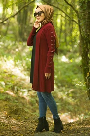 Rouge Bordeaux - Neva Style - Cardigen en tricot hijab - 16114BR - Thumbnail