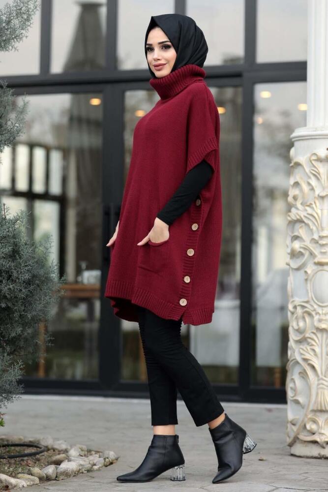 Rouge Bordeaux - Neva Style - Poncho En Tricot Hijab - 19763BR - 1