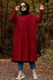 Rouge Bordeaux -Neva Style - Poncho en tricot hijab -6741BR - Thumbnail