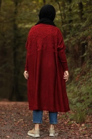 Rouge Bordeaux -Neva Style - Poncho en tricot hijab -6741BR - Thumbnail