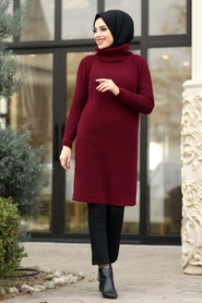 Rouge Bordeaux - Neva Style - Tunique En Tricot Hijab - 2513BR - Thumbnail