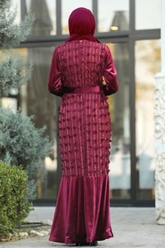 Rouge Bordeaux - Tesettürlü Abiye Elbise - Robe de Soirée Hijab - 11031BR - Thumbnail