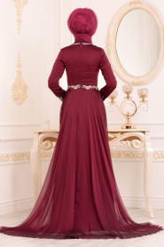 Rouge Bordeaux - Tesettürlü Abiye Elbise - Robe de Soirée Hijab - 1901BR - Thumbnail