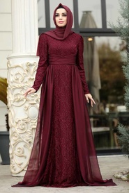 Rouge Bordeaux - Tesettürlü Abiye Elbise - Robe de Soirée Hijab - 191801BR - Thumbnail