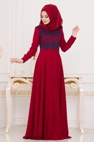 Rouge Bordeaux - Tesettürlü Abiye Elbise - Robe de Soirée Hijab - 2005BR - Thumbnail