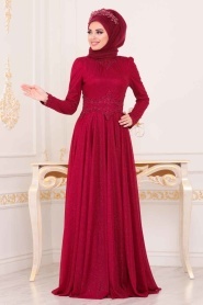 Rouge Bordeaux - Tesettürlü Abiye Elbise - Robe de Soirée Hijab - 20210BR - Thumbnail