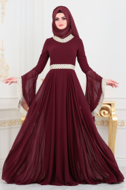 Rouge Bordeaux - Tesettürlü Abiye Elbise - Robe de Soirée Hijab 2027BR - Thumbnail