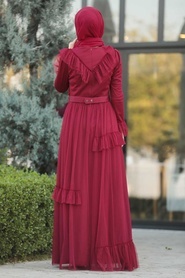 Rouge Bordeaux - Tesettürlü Abiye Elbise - Robe de Soirée Hijab - 2134BR - Thumbnail