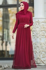 Rouge Bordeaux - Tesettürlü Abiye Elbise - Robe de Soirée Hijab - 21360BR - Thumbnail