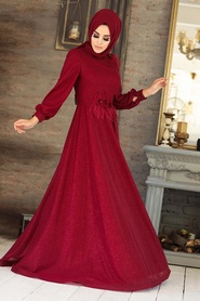Rouge Bordeaux - Tesettürlü Abiye Elbise - Robe de Soirée Hijab - 21490BR - Thumbnail