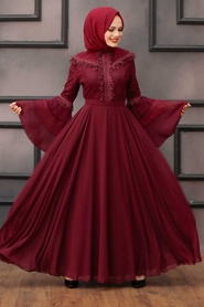 Rouge Bordeaux- Tesettürlü Abiye Elbise - Robe de Soirée Hijab - 2248BR - Thumbnail