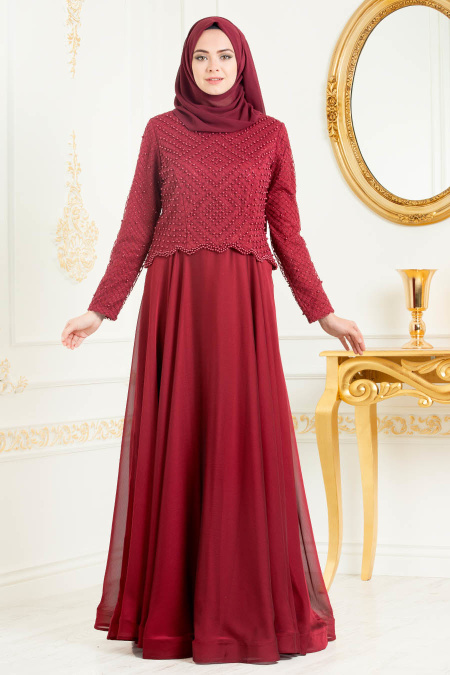 Rouge Bordeaux-Tesettürlü Abiye Elbise - Robe de Soirée Hijab 31260BR