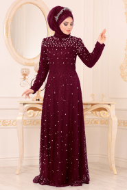 Rouge Bordeaux-Tesettürlü Abiye Elbise - Robe de Soirée Hijab 3130BR - Thumbnail